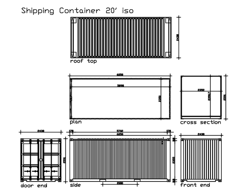 2D 20ft Shipping Container Drawing