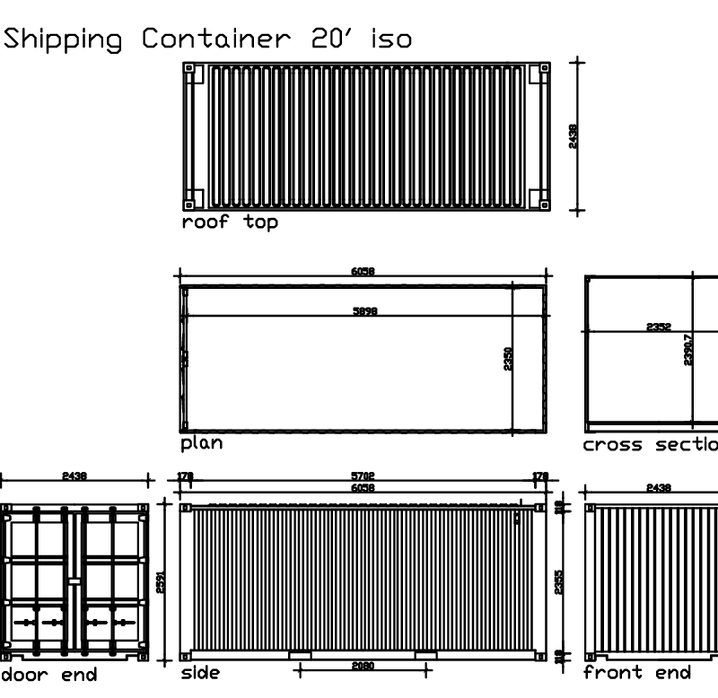 2D 20ft Shipping Container Drawing